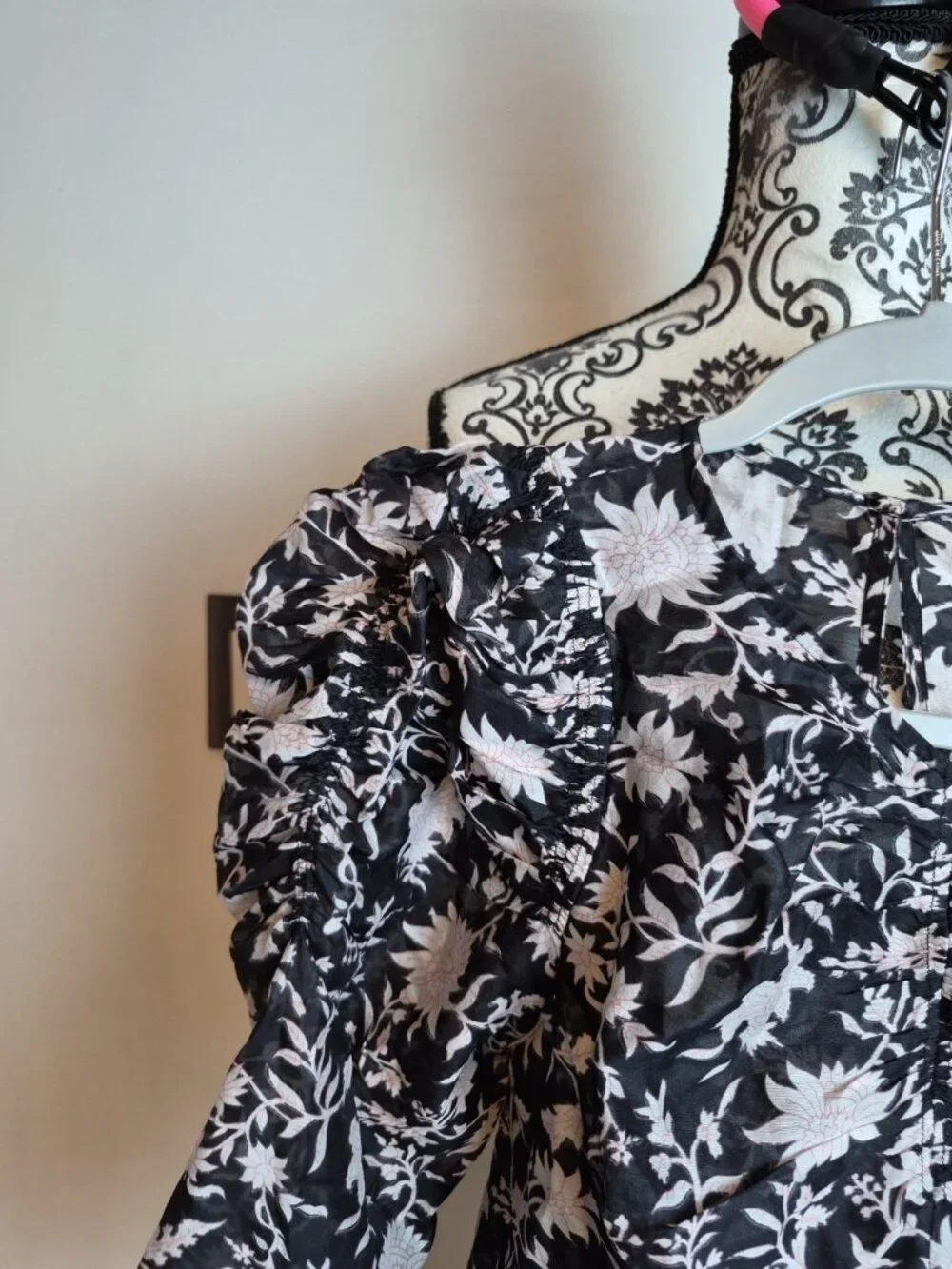 Ulla Johnson Posey Floral Silk Cotton Puff Sleeve Blouse Top Black White Sz 4